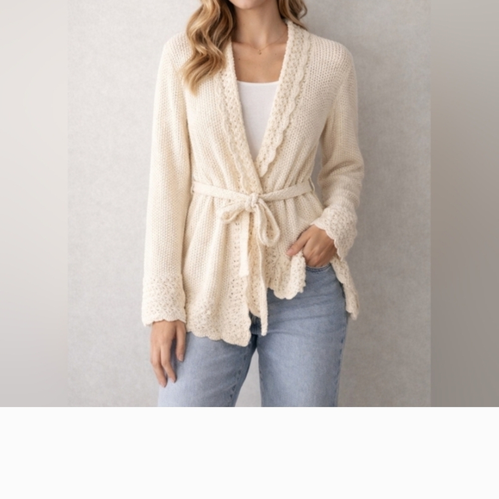 🔥NINE WEST🔥  Cream Knit Top, Tie-Belt,  Scallop-Edged Cardigan